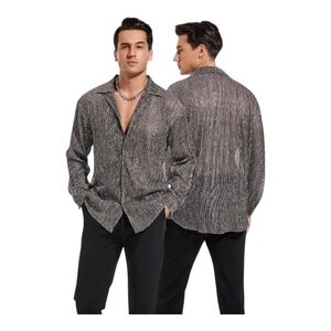CENTURY STAR - XL Mens Sliver Sheer Mesh Disco Shirt Metallic